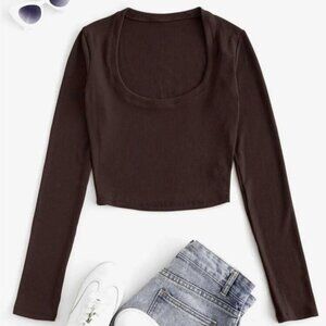 SHEIN Brown Scoop Neck Shirt